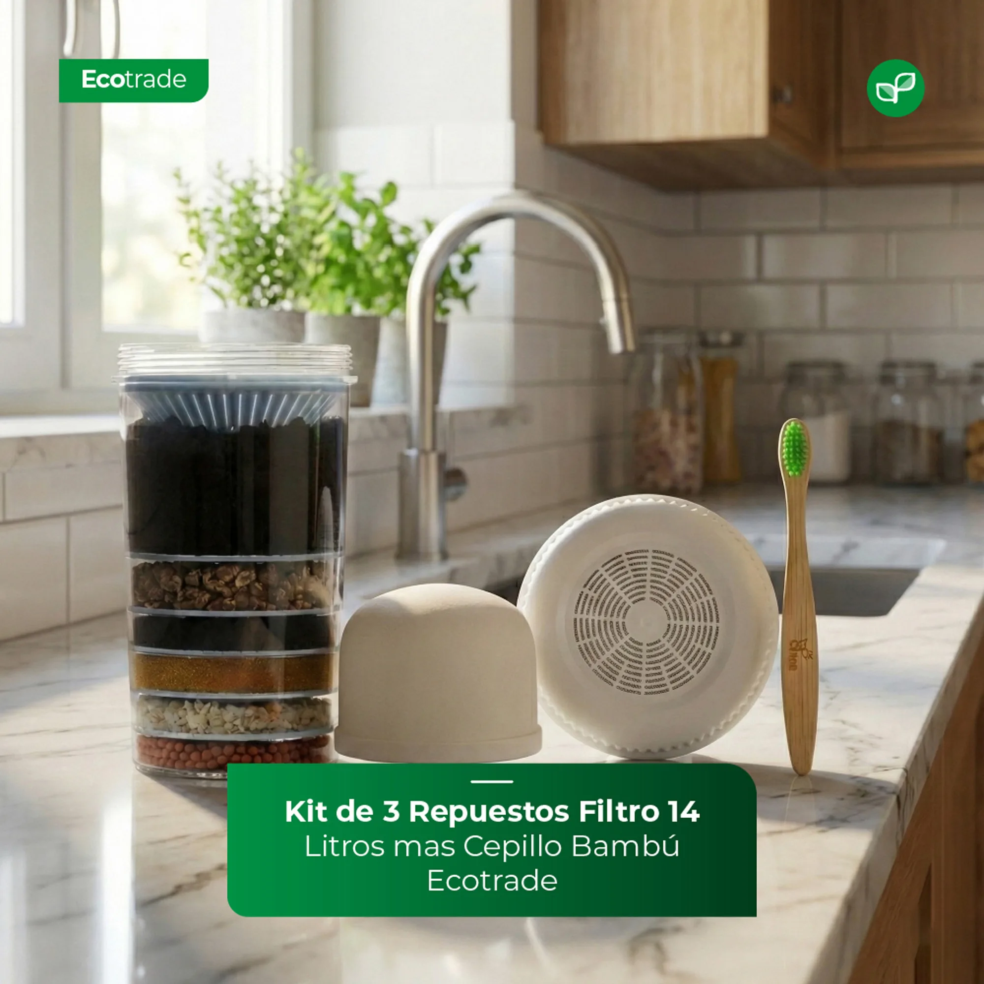 Kit de 3 Repuestos Filtro 14 Litros mas Cepillo Bambú Ecotrade - Imagen 2