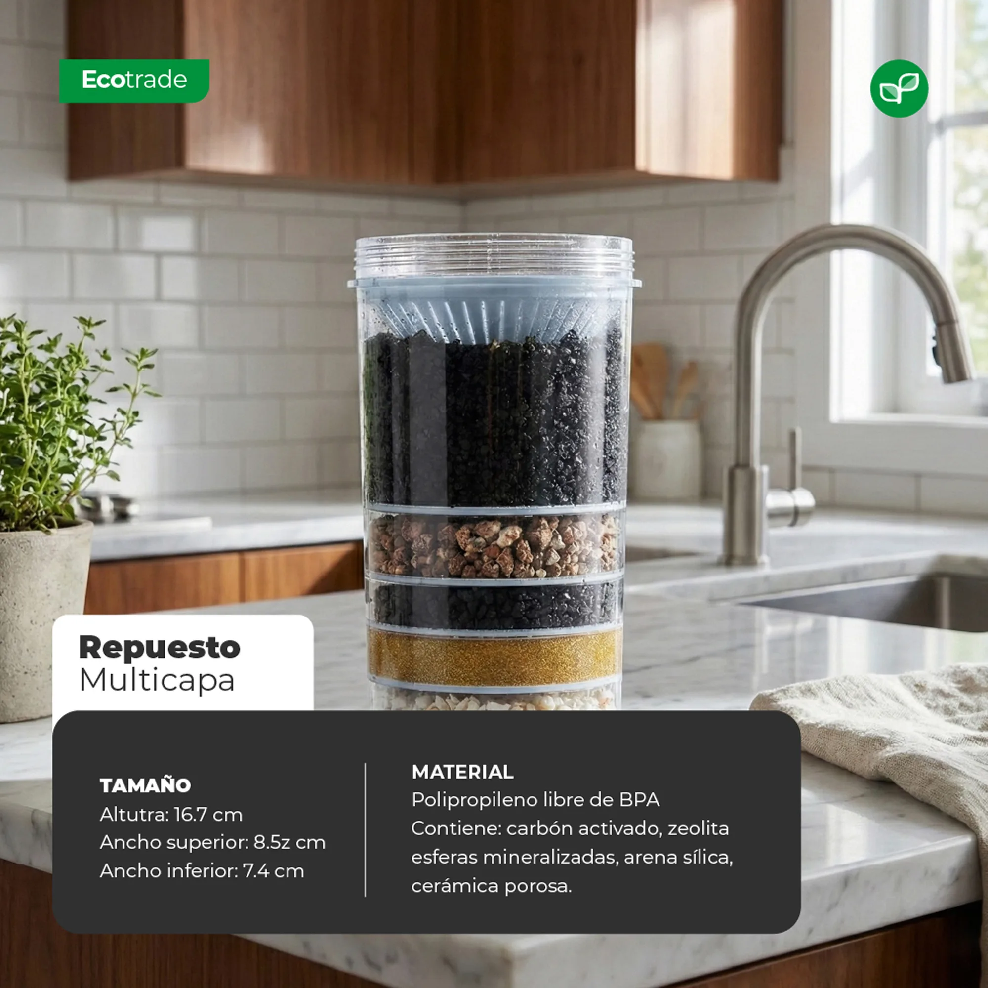 Kit de 3 Repuestos Filtro 14 Litros mas Cepillo Bambú Ecotrade - Imagen 3