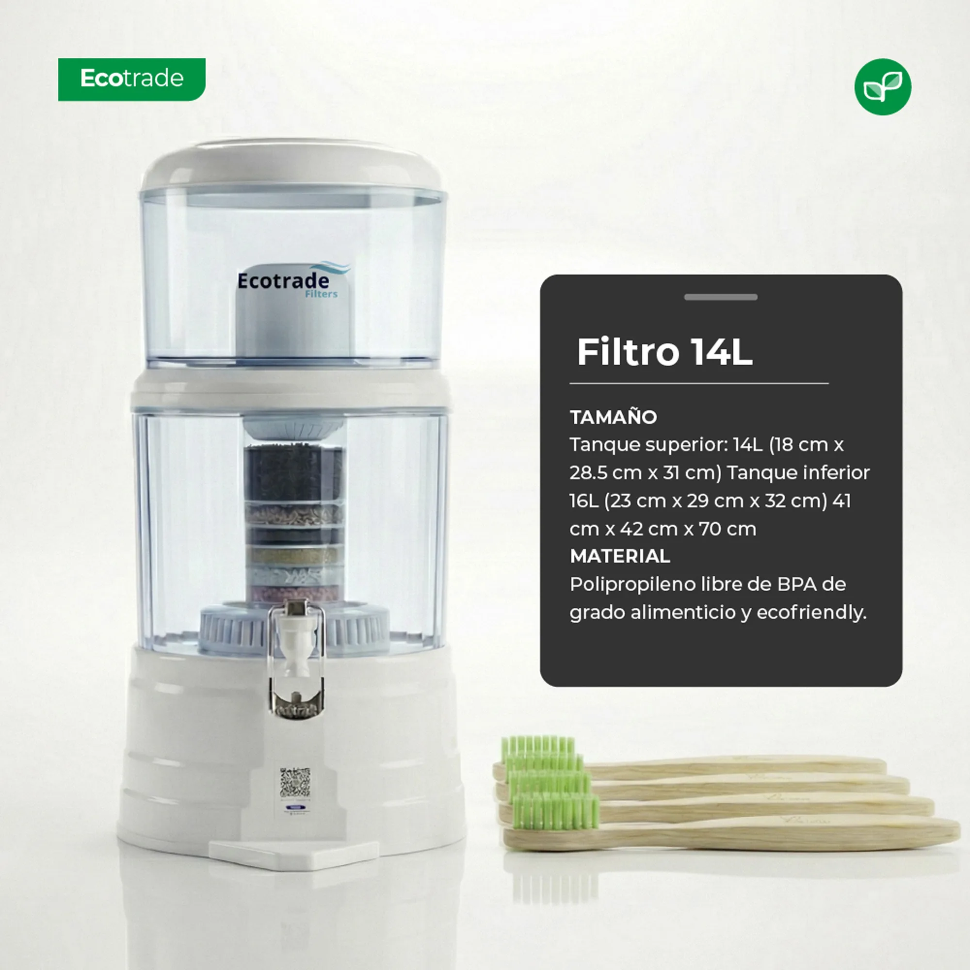 Filtro Purificador Agua 14 Litros mas 4 Cepillos Bambú Ecotrade - Imagen 2