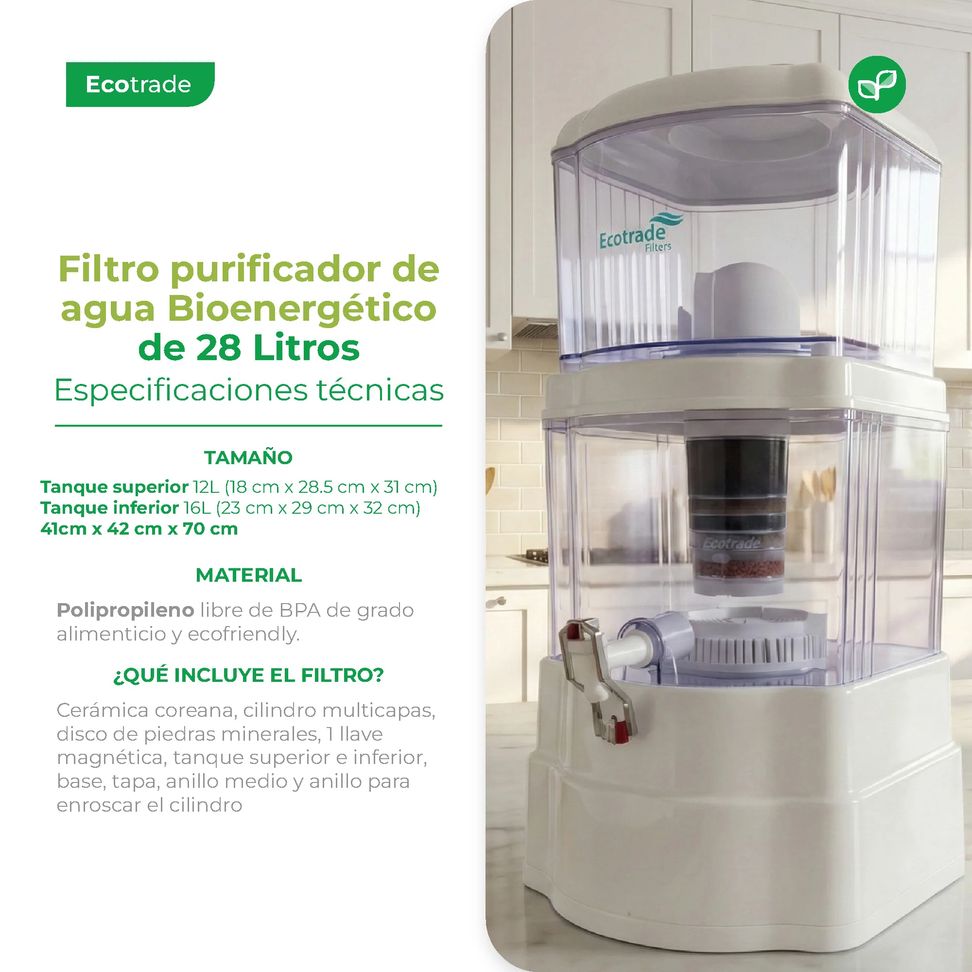 Filtro Purificador Agua 28 Litros mas 3 Esponjas Ecotrade - Imagen 2