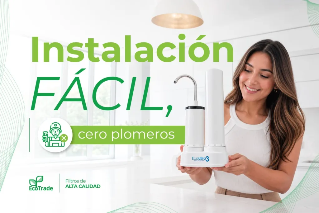 Instala el Filtro EcoUltra 3 en minutos, sin obras ni plomeros. Disfruta agua purificada con doble filtración desde el primer día.